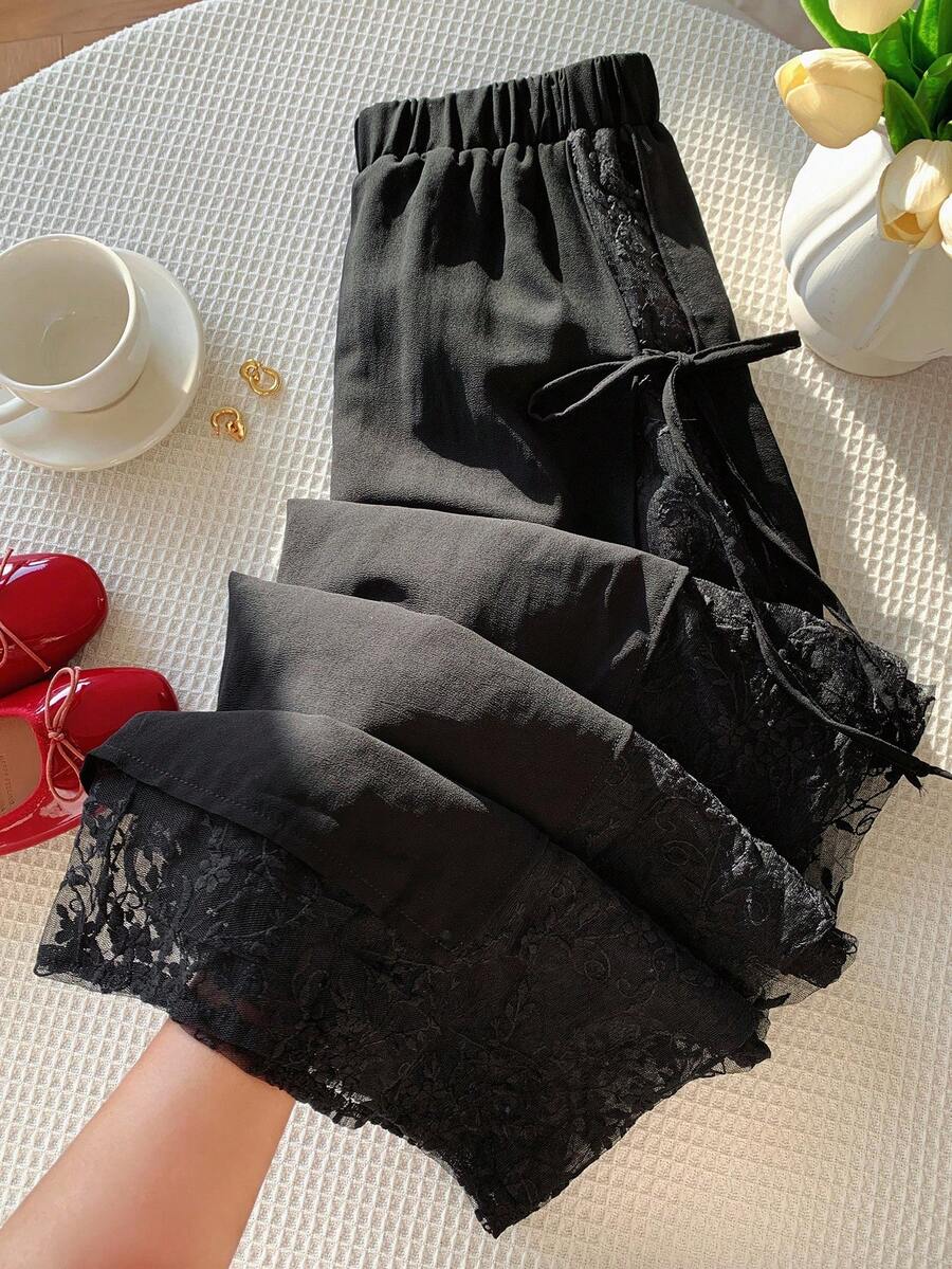 Comfortcana 女式休闲黑色花卉网眼拼接侧系带阔腿裤 - 黑色 - 查看 1