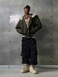 NEON BLANC Men's Winter Fluffy Jacket With Faux Fur Collar And Front Zipper - Army Green - View 1