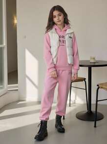 SHEIN 3 件套 Tween Girl 粉色厚上衣、粉色长裤和白色无袖棉服外套套装，适合初中女孩冬季穿着 - 粉色 - 查看 8