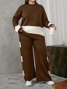 EURMUSE Women's Color Block Knitted Sweater Two Pieces Set - Brown - View 5