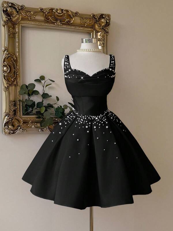 Lovelzi Elegant, Luxurious, Noble, Palace-Style White Satin Cold-Shoulder Strapless Sweetheart Neckline Mermaid Silhouette Dress With Pearl Decor, Flared Hem, Suitable For Bachelorette Party, Wedding, Graduation, Vacation, Bridal Shower