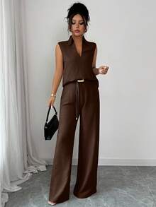 Rafferiza 2pcs/Set Women's Fashionable Casual Versatile V-Neck Sleeveless Top And Loose Distinctive Belt Decor Straight Leg Pants, Spring/Summer - Coffee Brown - View 8