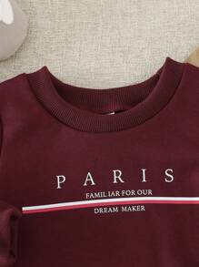 SHEIN 男婴休闲巴黎字母印花罗纹长袖卫衣，春/秋/冬，婴儿，6个月-3岁 - 酒紅色 - 查看 5