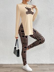 SHEIN Essnce Women's 2pcs Casual Bear Print Side Slit Long Sleeve Top & Geometric Print Leggings Set,Beige,Autumn,Cute,Everyday Fall Lounge Outfits Two Piece Set - Apricot - View 6