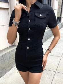 Carolina Barros 翻蓋口袋前紐扣牛仔連體短褲 - 黑色 - 查看 3