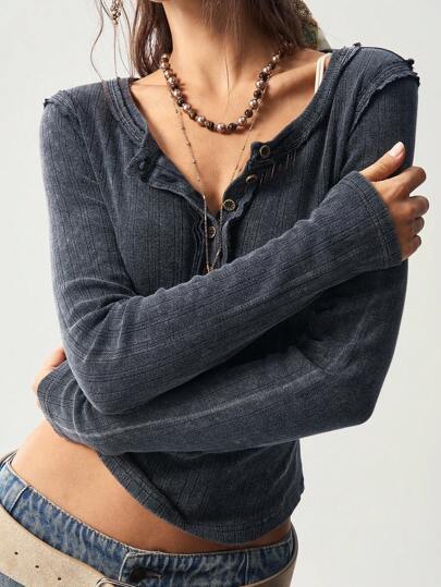 Bohemela 女式休闲水洗复古前扣针织长袖T恤