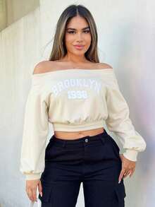 SHEIN SXY Áo nỉ lửng hở vai in chữ dành cho nữ mùa thu/đông - Màu be - Xem 3