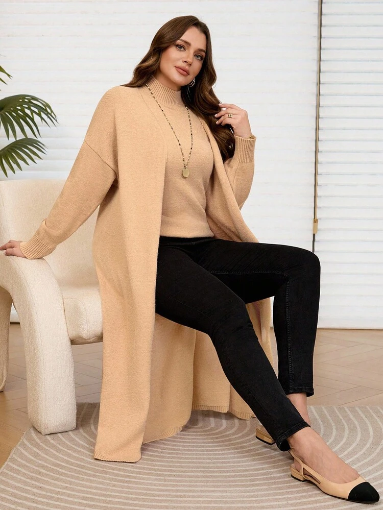 Conjunto de suéter de punto de cuello alto sin mangas y cárdigan largo para mujer talla grande de otoño/invierno