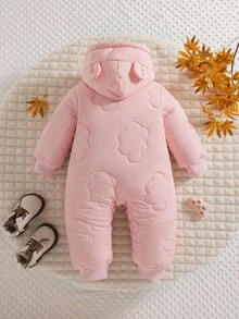 SHEIN Playful Pals 1 件女婴冬季新款 2025 云朵拼接图案保暖内衬连帽前开连体衣，可爱时尚厚保暖连体衣 - 粉色 - 查看 2