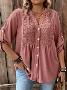 SHEIN CURVE+ 女士时尚纯色长袖V领衬衫 - 粉色 - 查看 5