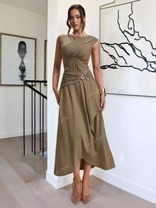 Modelyn Women's Elegant Sleeveless Olive Green Summer Bar Party Dress,Asymmetrical Pleated Metal Buttoned Cotton Old-Fashioned Style Fall Clothes - Army Green - View 2