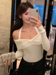 DAZY 女式露肩荷叶边长袖修身套头衫，优雅淑女风秋季 - 白色 - 查看 7