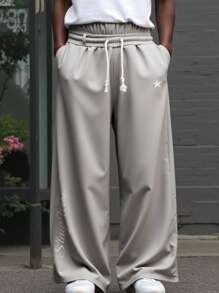 Manfinity Hypemode Men's Casual Star Printed Drawstring Loose Sweatpants,Light Grey Summer Streetwear Baggy Wide Leg Sweatpants,City Break Back To School Gift For Him - Grey - View 1