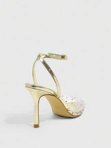 CUCCOO SZL Gold Metal TPU Rhinestone Decor Elegant Sexy Pointed Toe Strap High Heel Pumps - Gold - View 9