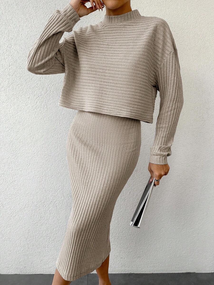 EURMUSE 2pcs Women Casual Ribbed Tank Dress & Pullover Top Set - Beige - View 1