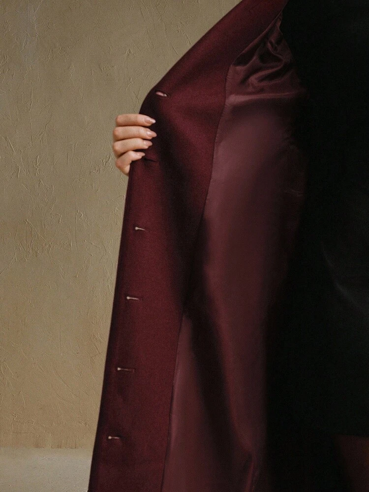 Plus Size Women's Elegant Romantic Chic Wine Red Silhouette Single-Breasted Overcoat, Autumn/Winter