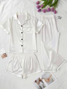 SHEIN 3pcs Plus Size Solid Color Faux Silk Pajama Set Women Pajama Set White Pj Set Sleepwear Set Satin Pajama Set White Pajama Set