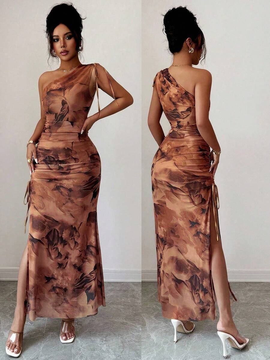 Rafferiza 女式优雅无袖花卉印花网眼高开衩连衣裙 - 咖啡 - 查看 1