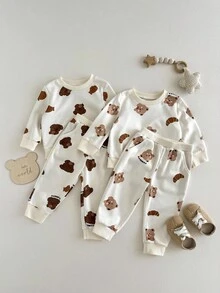 SHEIN 4pcs/Set Baby Boys' Outfit,Cute Off-White Cocoa Bear & Fish Print,YUMMY Letter,Ribbed Cuffs & Hem,Comfortable Autumn Casual Wear,Family Matching - Apricot - View 6