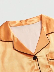 ROMWE Gothic Pumpkin Smiling Face Button-Down Short Sleeve Shorts Pajama Set, Halloween - Orange - View 3