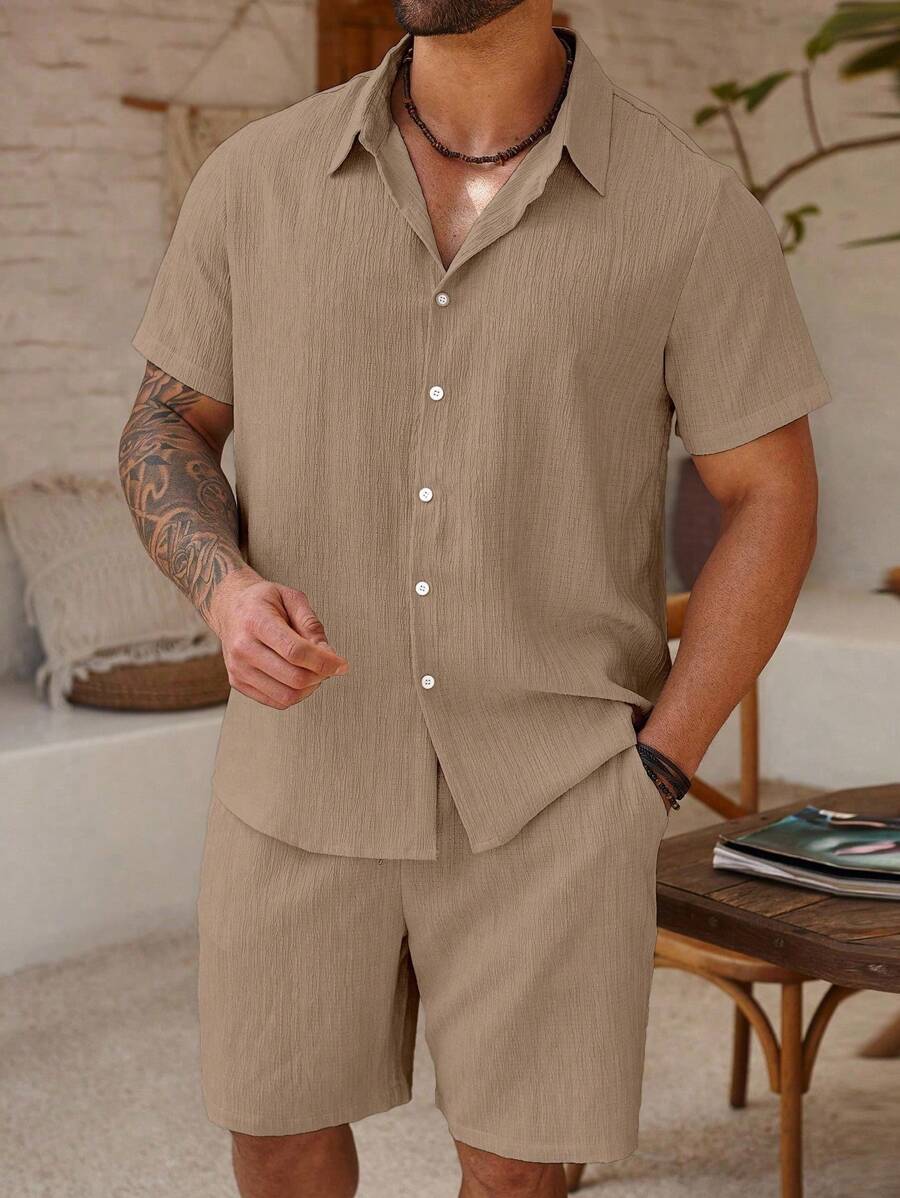 ResortEase Plus Size Men's Casual Textured Solid Color Short Sleeve Shirt And Shorts Set, Summer, Cozy Outfits - Rusty Rose - View 1