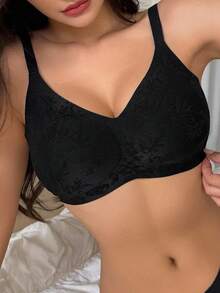 DAZY Lace Jacquard Adjustable Spaghetti Strap Lightly Padded Women Bra, Black - Black - View 7