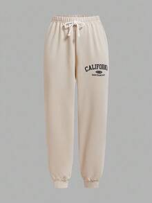 SHEIN Essnce Women's Casual Versatile Letter Print Sweatpants,Fall - Khaki - View 8