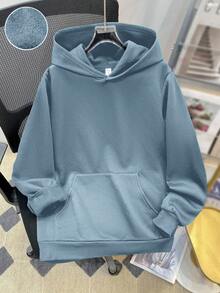 SHEIN 青少年男童休闲宽松舒适百搭纯色卫衣，秋冬季，纯色卫衣，浅蓝色卫衣设计，冬季，秋季 - 淺藍色 - 查看 3
