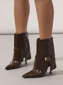 SHUZIA Botas de media pantorrilla con puntera puntiaguda, hebilla de metal y diseño plegable, glamorosas y sexys para mujeres - Marrón Chocolate - Ver 2