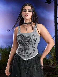 Corpse Bride X SHEIN Große Größen Damen Sommer Lässig Modisch Street Punk Cartoon Charakter & Totenkopf Muster Quadratischer Ausschnitt Kontrast Spitze Asymmetrischer Saum Figurbetontes Trägertop