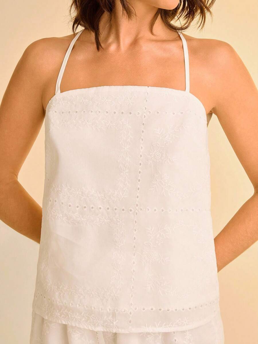 SHEIN Unity Débardeur vintage élégant brodé pour femmes - Blanc - Voir 1
