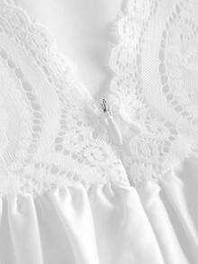 Pitira 少女白色缎面编织蕾丝拼接蕾丝细节腰带蝴蝶结长款优雅连衣裙，舞会礼服/公主裙，婚礼季，花童礼服，春节，派对蕾丝露背婚纱，白色蝴蝶结A字裙，简约婚纱，白色长裙，秋冬季 - 白色 - 查看 6