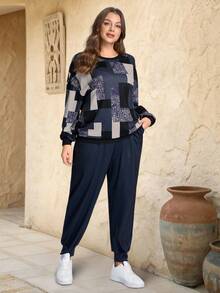 EMERY ROSE Plus Size Casual Color Block Round Neck Long Sleeve Top And Pants 2 Pieces Set,Navy Blue,Autumn,Smart Casual,Everyday Winter Christmas Lounge Outfit - Multicolor - View 4