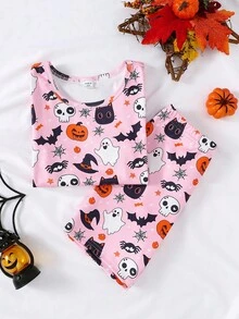 Conjunto de pijama de 2 piezas para niñas con estampado de calabaza y fantasma, de punto elástico, cómodo y suave, de cuello redondo y manga corta