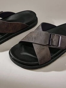 Solecia 2025 Summer Men's Casual Slip-On Sandals With Criss-Cross Straps, Fashionable Beach Shoes, Slim Fit For Young Adults - Brown - View 5