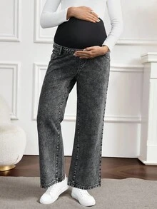 SHEIN 蝴蝶结刺绣口袋孕妇牛仔裤 - 深灰色 - 查看 4