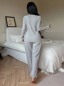 SHEIN Women's Casual Ribbed Brushed Notch Neck Button Detail Long Sleeve Top & Pants Loungewear Set, Fall Winter Clothes Grey Lounge Set Women Lounge Sets Two Pieces Lounge Set Sleep Wear Women 2 Pieces Set Long Sleeve Lounge Set, Cozy Outfits - Grey - View 2