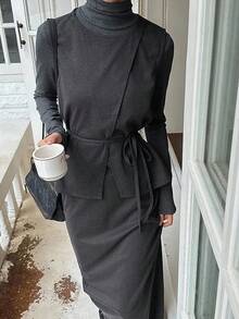 DAZY 女式无袖拼布圆领上衣/背心和直筒裙两件套休闲套装 - 深灰色 - 查看 4