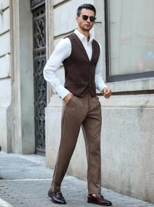 Manfinity Bizformal 男士纯色前扣商务西装马甲棕色背心男男士马甲背心男士无袖马甲棕色西装马甲 - 咖啡棕 - 查看 5