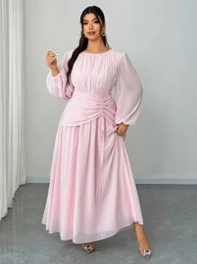 Elenzga 大码女式优雅、浪漫、甜美休闲圆领长袖雪纺飘逸长裙，春秋季 - 粉色 - 查看 5