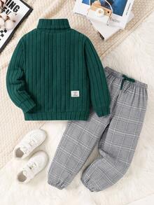 2pcs/Set Young Boys Fashionable Textured Sweatshirt & Plaid Pants,Comfortable Preppy Outfits For Autumn,School,Back-To-School First Day,Daily Wear - Dark Green - View 1