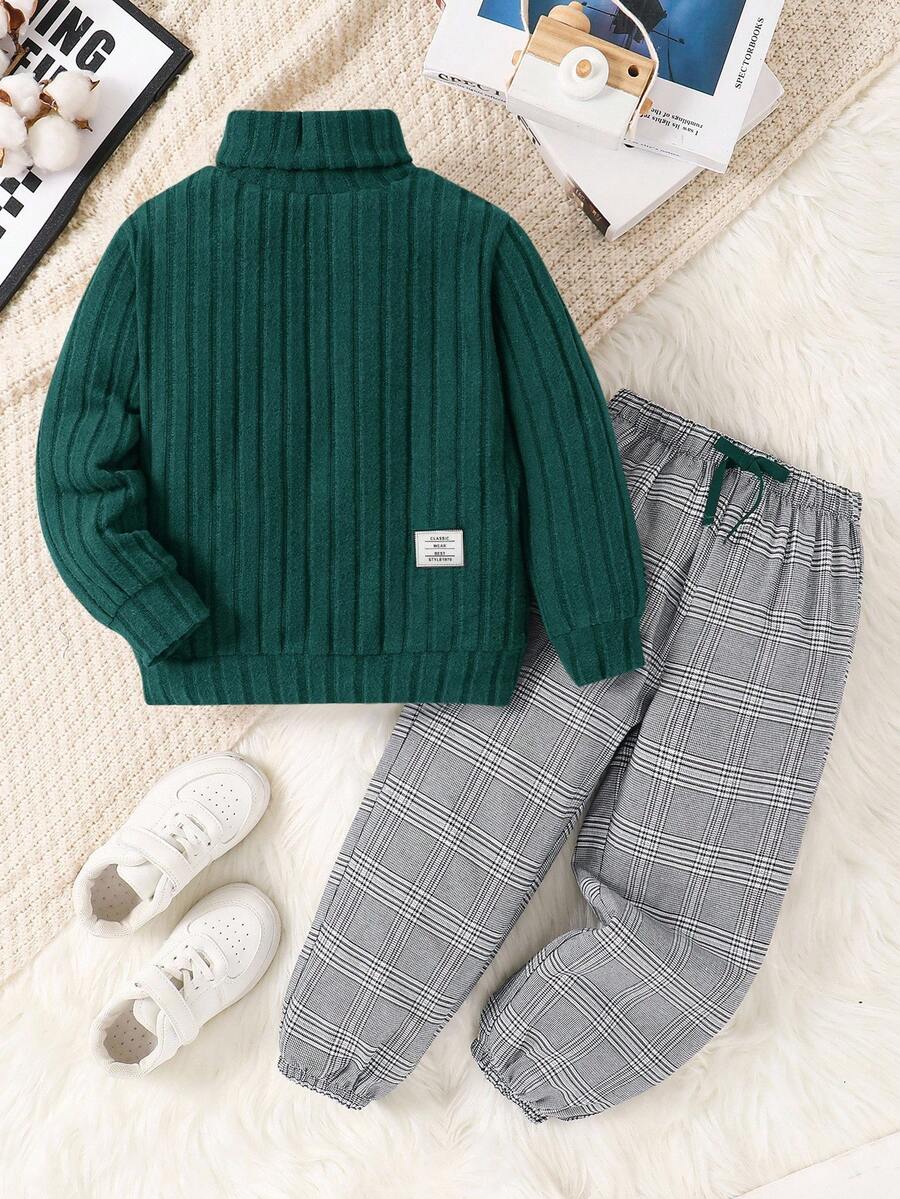 2pcs/Set Young Boys Fashionable Textured Sweatshirt & Plaid Pants,Comfortable Preppy Outfits For Autumn,School,Back-To-School First Day,Daily Wear - Dark Green - View 1