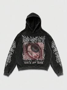 ROMWE MEN Grunge Punk Black Acid-Washed Hooded Halloween Sweatshirt For Men, No Pockets , Fall