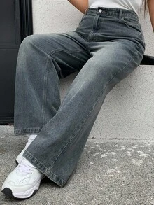 Dazy Plus Washed Faded Ombre Loose Straight Leg Jeans, Versatile For All Seasons - Medium Wash - View 1