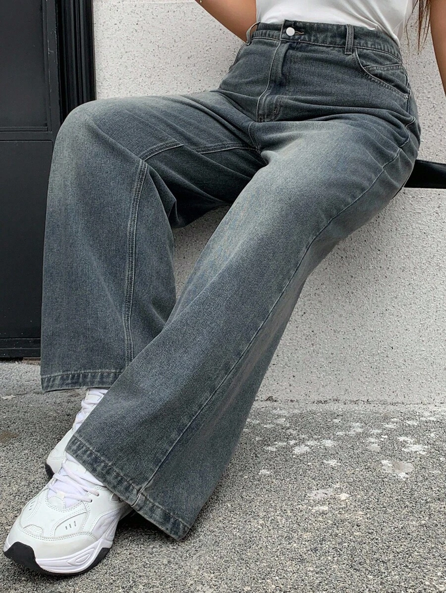 Dazy Plus Washed Faded Ombre Loose Straight Leg Jeans, Versatile For All Seasons - Medium Wash - View 1