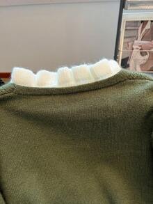 Franclia French Casual Style Olive Green V-Neck Ruffled Trim Pom Pom Knit Pullover Sweater