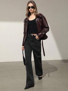 Aveloria Modichic Women's Fashionable Versatile Distressed Effect Metal Zipper Faux Leather Motorcycle Jacket - Burgundy - View 3