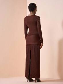 Zivah 2025 Summer New Music Festival, Easter, Mother's Day, Wedding Season, Wedding Attendance, Birthday Party, Daily Casual, Basic Versatile, Leisure, Cruise Travel, Beach, Sunbathing, Viral , Street Style, Elegant, Commute, Business, Pleated Ruffle Sleeveless Top And Pleated Skirt 2 Pieces Knit Brown Set For Women In Fall/Winter - Brown - View 5