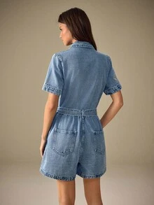 Selenza 女式蓝色常规肩短袖前扣刺绣时尚牛仔连体裤 - 藍色 - 查看 2