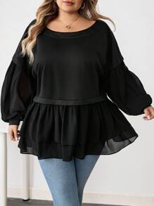 SHEIN CURVE+ Plus-Size Mesh Splicing Style Black Doll-Style Sweater With A Flared Hem Winter Fall Autumn/Autumn /Winter - Black - View 3